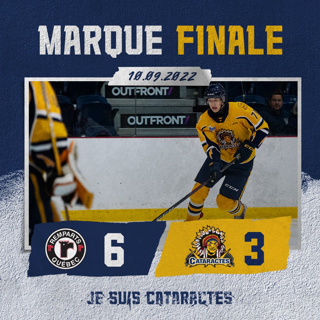 Les Cataractes s’inclinent 6-3 face aux 
<a href="/quebec_remparts/">Remparts de Québec</a>.

🚨 Cloutier / Bonefon / Yuzik

🏒 : #Cataractes 28 / #Remparts 28

#Camp22
