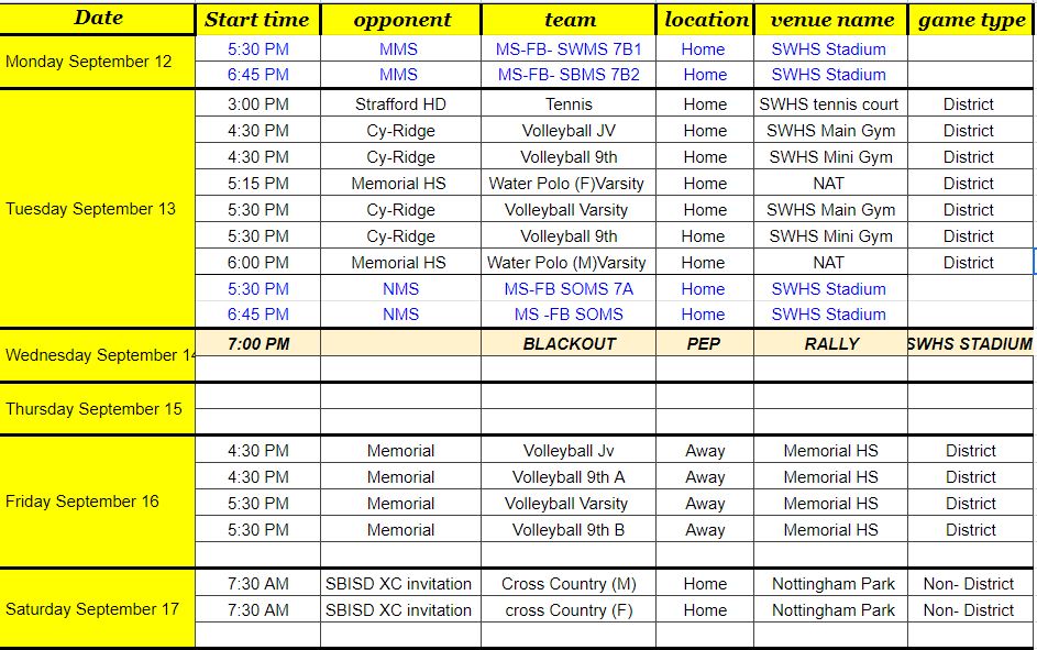 SpringWoodsHigh's tweet photo. Come support our Tigers this week!  Lots of opportunities to see our Tigers in Action!  #allmeansall #TigerProud https://t.co/WsuBW9rPiD