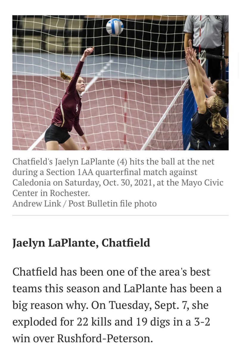 Jaelyn LaPlante (@jaelyn_laplante) on Twitter photo thank you <a href="/Sports_PB/">Post-Bulletin Sports</a> for recognizing me as a top performer this week and for Chatfield varsity being number 8 in the Power Rankings! <a href="/WinonaStateVB/">Winona State VB</a> <a href="/StOlafVB/">St. Olaf Volleyball</a> <a href="/ClemsonVB/">Clemson Volleyball 🏐</a> <a href="/CreightonVB/">Creighton Volleyball</a> <a href="/NorseVB/">Luther College Volleyball</a> <a href="/GoMocsVB/">Chattanooga Volleyball</a> <a href="/UMDVolleyball/">UMD Volleyball</a> <a href="/Viterbo_Univ/">Viterbo University</a> <a href="/AugieVolleyball/">Augustana University Volleyball</a> thank you <a href="/Sports_PB/">Post-Bulletin Sports</a> for recognizing me as a top performer this week and for Chatfield varsity being number 8 in the Power Rankings! <a href="/WinonaStateVB/">Winona State VB</a> <a href="/StOlafVB/">St. Olaf Volleyball</a> <a href="/ClemsonVB/">Clemson Volleyball 🏐</a> <a href="/CreightonVB/">Creighton Volleyball</a> <a href="/NorseVB/">Luther College Volleyball</a> <a href="/GoMocsVB/">Chattanooga Volleyball</a> <a href="/UMDVolleyball/">UMD Volleyball</a> <a href="/Viterbo_Univ/">Viterbo University</a> <a href="/AugieVolleyball/">Augustana University Volleyball</a>