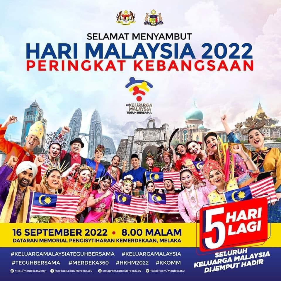 𝟱 𝗛𝗔𝗥𝗜 𝗦𝗔𝗛𝗔𝗝𝗔 𝗟𝗔𝗚𝗜!!!

Ayuh seluruh Belia #KeluargaMalaysia hadir beramai-ramai di Dataran Memorial Pengisytiharan Kemerdekaan, Melaka. Hari Malaysia 2022 akan disambut pada 16 September ini di Melaka. Jumpa anda di sana! ❤️🇲🇾

#TeamKBS #KeluargaMalaysia