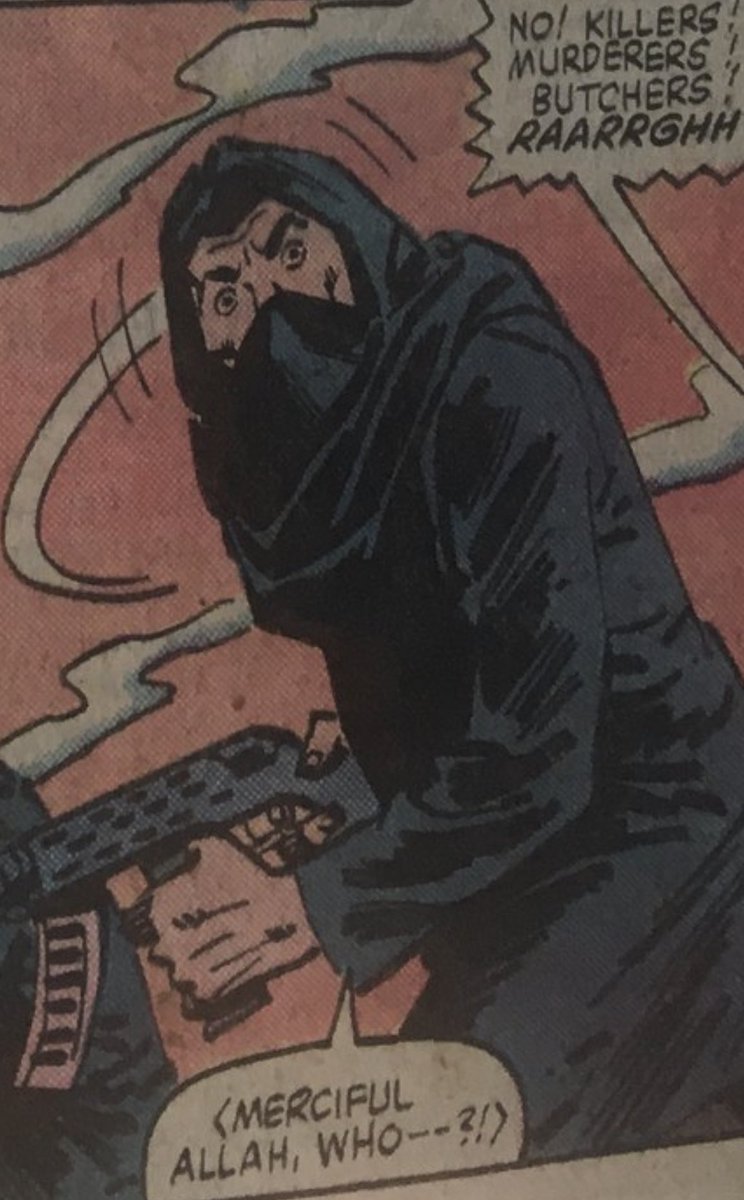 kkhelil's tweet photo. This is how Arabs are presented in Sabra’s first appearance in Marvel comics. The word Palestinian is never used. An Arab child in the comic who is an illiterate liar and thief is killed by black veiled bombers so Sabra can cry over them.  Literally shoot and cry propaganda. https://t.co/qh10S9VzsF