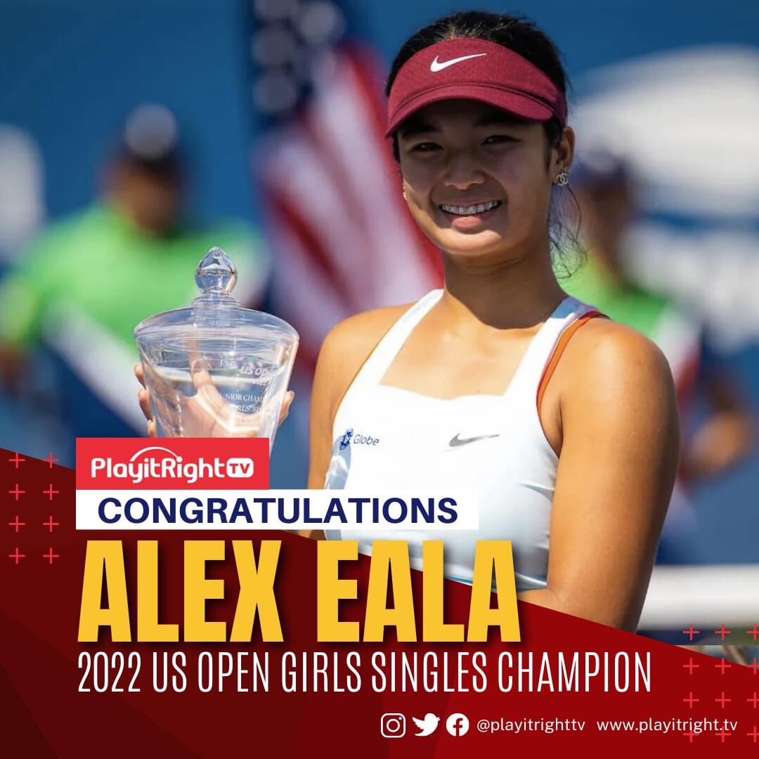 PlayitRightTV's tweet photo. CONGRATULATIONS Alex Eala for winning AND for making history as the first Filipina to bag the US Open Girls Singles title! We are all so proud of you! 🇵🇭 🎾

#PlayItRightTV 
#PlayItRight
 #Tennis 
#TennisPH 
#USOpen22 
#AlexEala 
#Champion https://t.co/AGIPL2Wxo5
