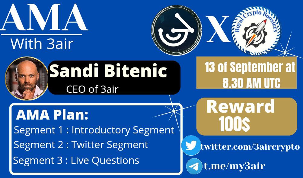 Royalpro01's tweet photo. We're thrilled to announce our next #AMA with @3aircrypto
13 September at 8:30 AM UTC
💰 Reward Pool: 100$ 3Air
📍 Venue:https://t.co/2iGd9YFw41…
〽️ Rules:
✅ Follow @royal_boosters&amp; @3aircrypto
✅ Like &amp; Retweet
✅ Comment Questions &amp; Tag 3 Friends with BEP20 address. https://t.co/e06Qb6jdA7