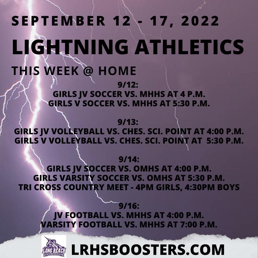 LRHS_Boosters's tweet photo. Full week ahead! Check out the HOME and AWAY @LRHS_Athletics schedule for the week of 9/12 - 9/17. #ONELIGHTNINGTEAM #ONELIGHTNINGFAMILY ⚡️ 💜 https://t.co/Tw5hvRNzuC