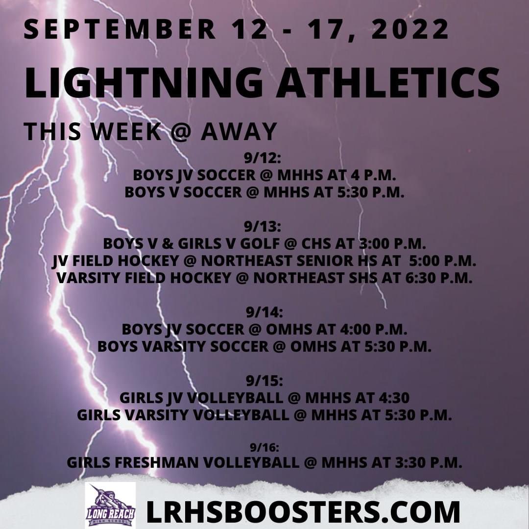 LRHS_Boosters's tweet photo. Full week ahead! Check out the HOME and AWAY @LRHS_Athletics schedule for the week of 9/12 - 9/17. #ONELIGHTNINGTEAM #ONELIGHTNINGFAMILY ⚡️ 💜 https://t.co/Tw5hvRNzuC