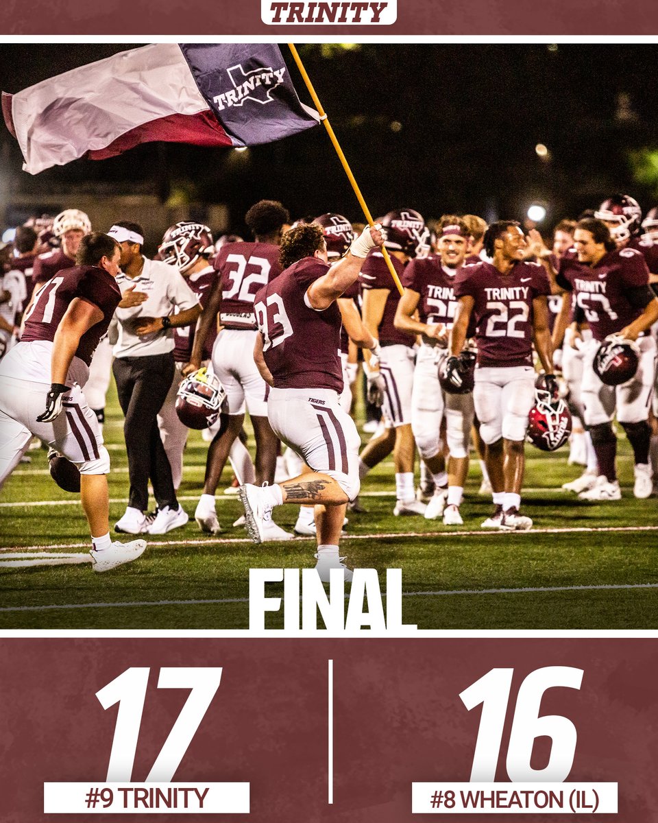 What a game! Today, #9 > #8 as <a href="/TUFootballTX/">Trinity University Football</a> edges Wheaton in OT! #TigerPride 

Jacob Munoz blocked the PAT in OT to end it!