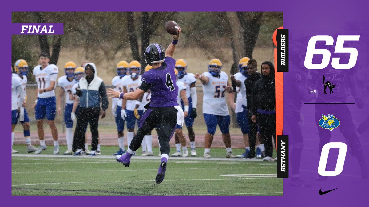 BUILDERS DOMINATE IN WIN OVER BETHANY COLLEGE! 

SC puts up 65 points and 501 yards of total offense in the 65-0 victory over the Bethany Swedes! 

#builders #TheJinxIsOn #KCACscores #NAIA