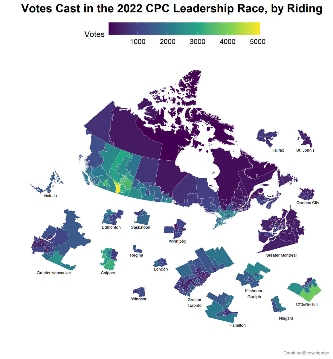 trevortombe's tweet photo. The distribution of votes cast in the CPC 2022 Leadership Race across ridings. 

Not sure this means anything, but might be interesting. #cdnpoli https://t.co/k73OH5mjcV