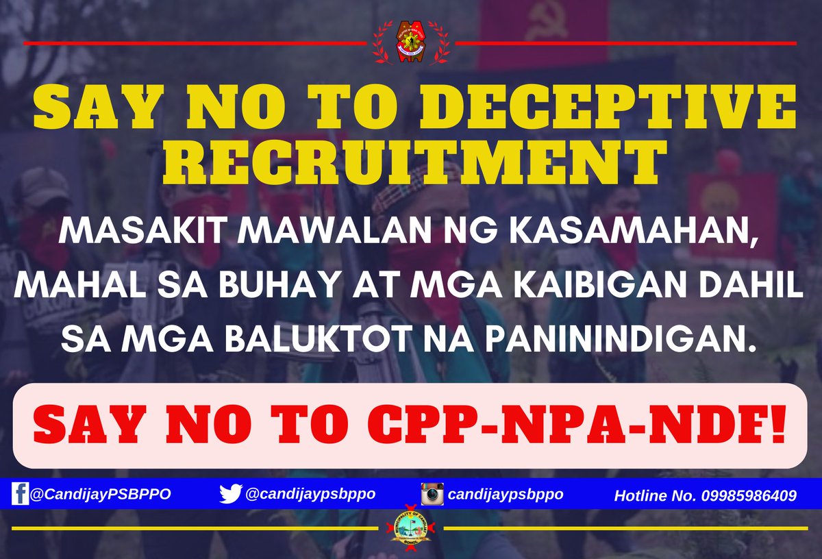 candijaypsbppo's tweet photo. SAY NO TO DECEPTIVE RECRUITMENT!
#TeamPNPCandijay
#LifeIsBeautiful
#KaligtasaNyoSagotKo
#TulongTulongTayo
#MKKequalsK
#PNPKakampiMo
#StopTerrorism https://t.co/JgYHS8Cvfg