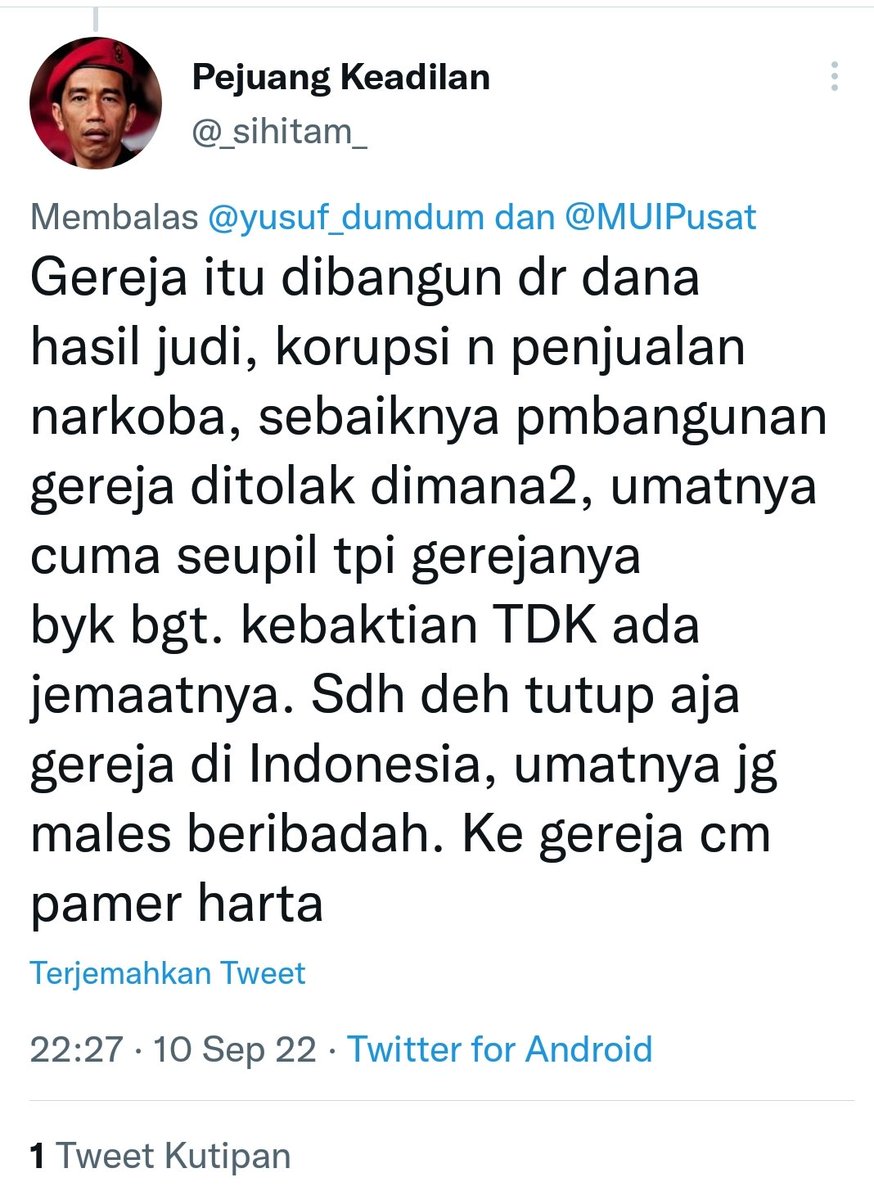 Atensi pak <a href="/ListyoSigitP/">Listyo Sigit Prabowo</a>
jangan karena kami minoritas kami seenaknya saja menodai AGAMA l,<a href="/CCICPolri/">Direktorat Tindak Pidana Siber Bareskrim Polri</a> pendirian rumah ibadah dari uang yg  seperti saudara @_sihitam_  👇🏿sampaikan harus disertai bukti dan ini sudah melukai hati kami💯%
<a href="/FerdinandHutah4/">Ferdinand Hutahaean</a> 
Bantu RT saudaraku yg seiman