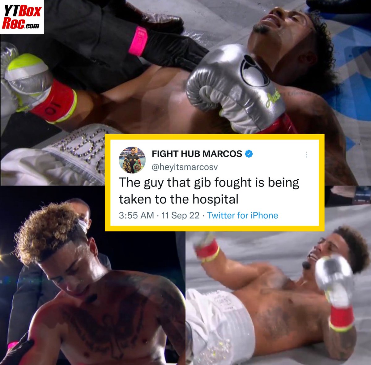 YTBoxRec's tweet photo. Austin McBroom is being taken to the hospital after @AnEsonGib's KO..

Hope he is okay 🙌🏼 https://t.co/uxVrmQEz6i