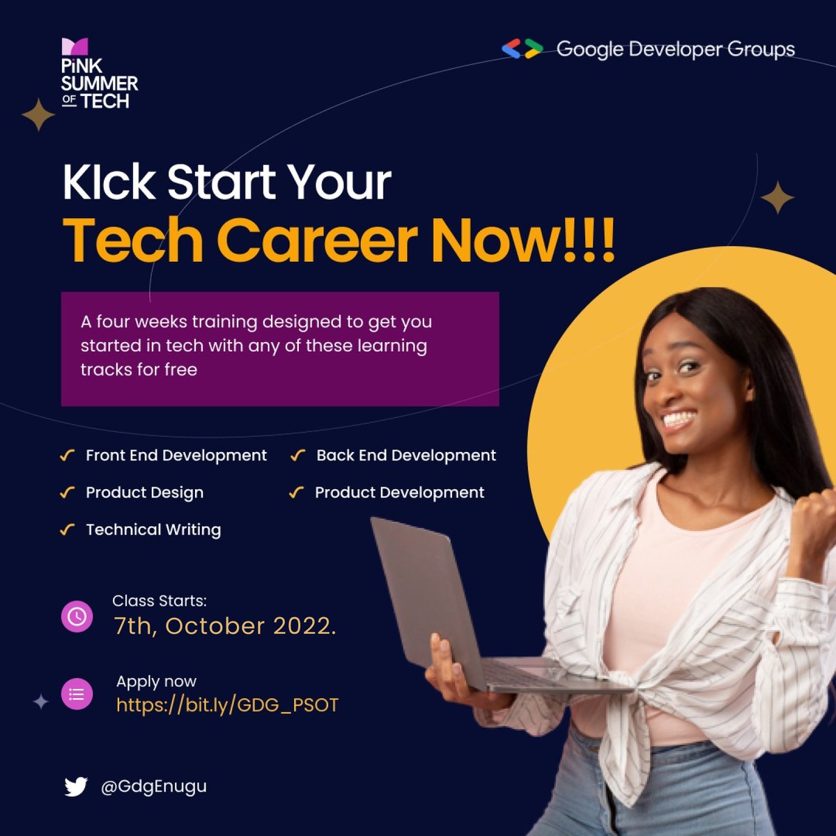 GdgEnugu's tweet photo. Pink Summer of Tech is a program designed to help ladies get into tech.
Stacks for this year has code, and no-code roles.
Let us help you become a tech sis π€.
Link to apply: https://t.co/cvQxIOLY2l
#GDGEnugu #PinkSummerOfTech https://t.co/rSkEsr3zUZ