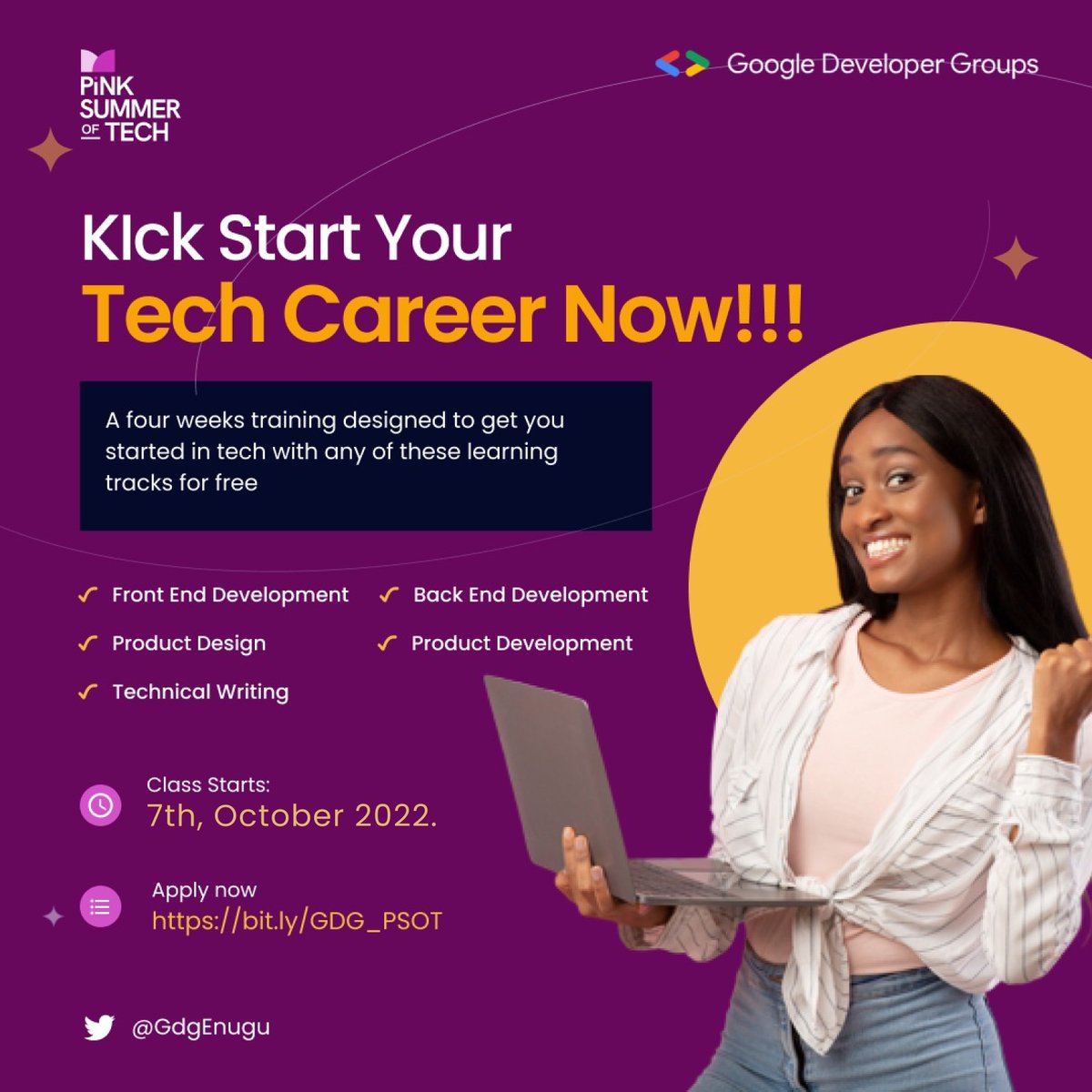 GdgEnugu's tweet photo. Pink Summer of Tech is a program designed to help ladies get into tech. 

Stacks for this year has code, and no-code roles.

Let us help you become a tech sis 🤗.

Link to apply: https://t.co/cvQxIOLqcN

#GDGEnugu #PinkSummerOfTech https://t.co/GJGZoNaJba