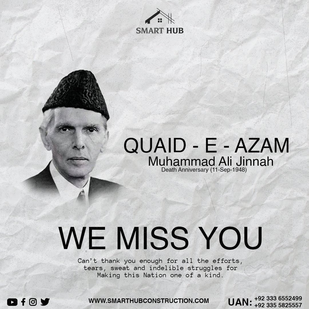 SmarthubE's tweet photo. Can't thank you enough for all the efforts,tears,sweat and indelible struggles for making this Nation one of a kind.
11 September Quaid e Azam Muhammad Ali Jinnah Death Anniversary
#11september #quaideazam #pakistan #smarthub #smarthubconstruction #deathanniversary https://t.co/sOxkhuEe3y