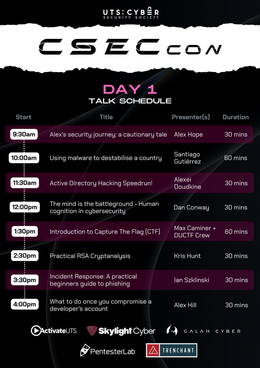utscsec's tweet photo. With less than 2 weeks before CSECcon, we are excited to show you the talks that are happening on the 24th-25th of September! Hear from a range of people working in the industry and expand your horizon with like-minded people!

Get your tickets here! https://t.co/ZDvCzcqBCc https://t.co/jbj6Xu77t5