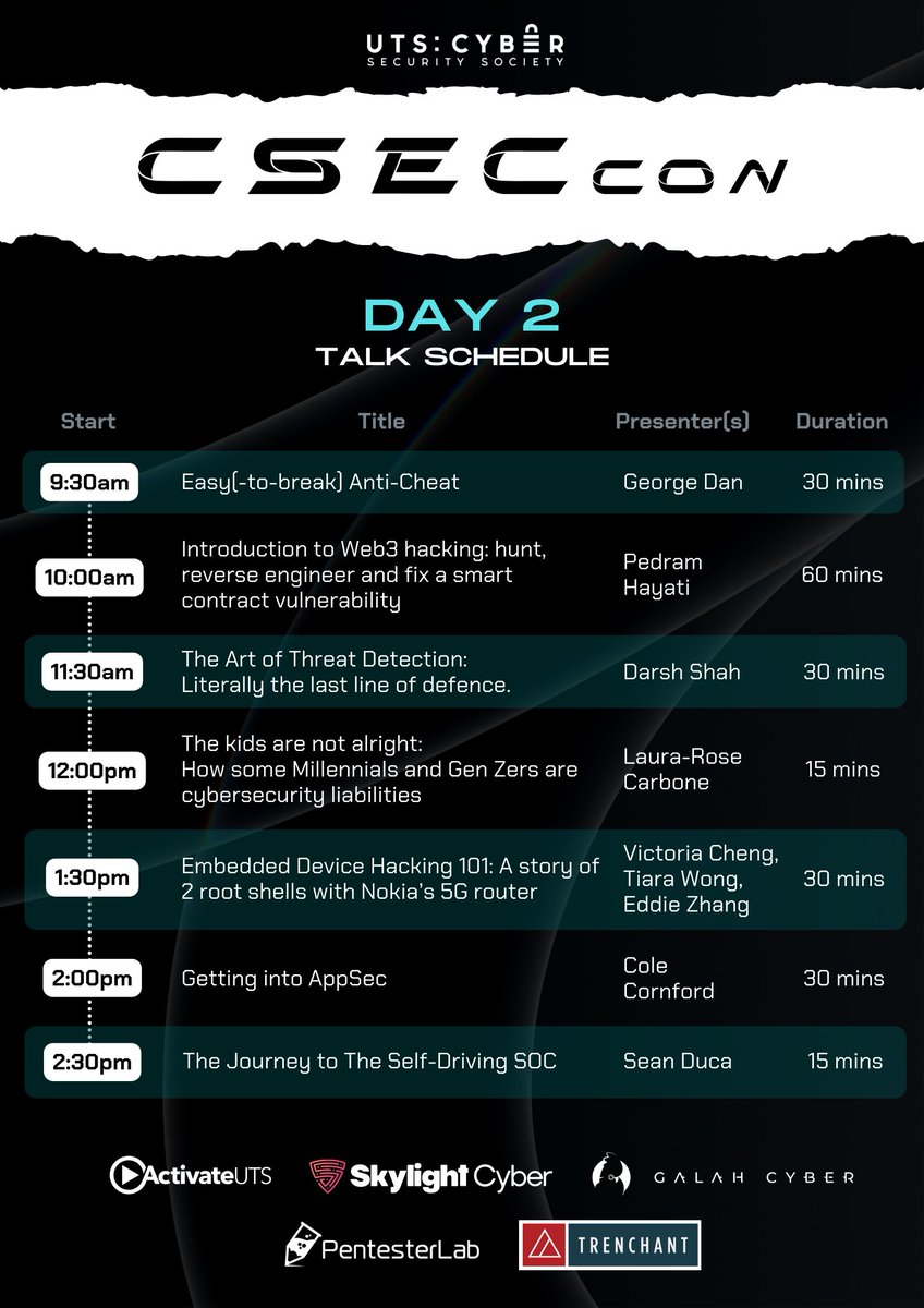 With less than 2 weeks before CSECcon, we are excited to show you the talks that are happening on the 24th-25th of September! Hear from a range of people working in the industry and expand your horizon with like-minded people!

Get your tickets here! cseccon.eventbrite.com.au