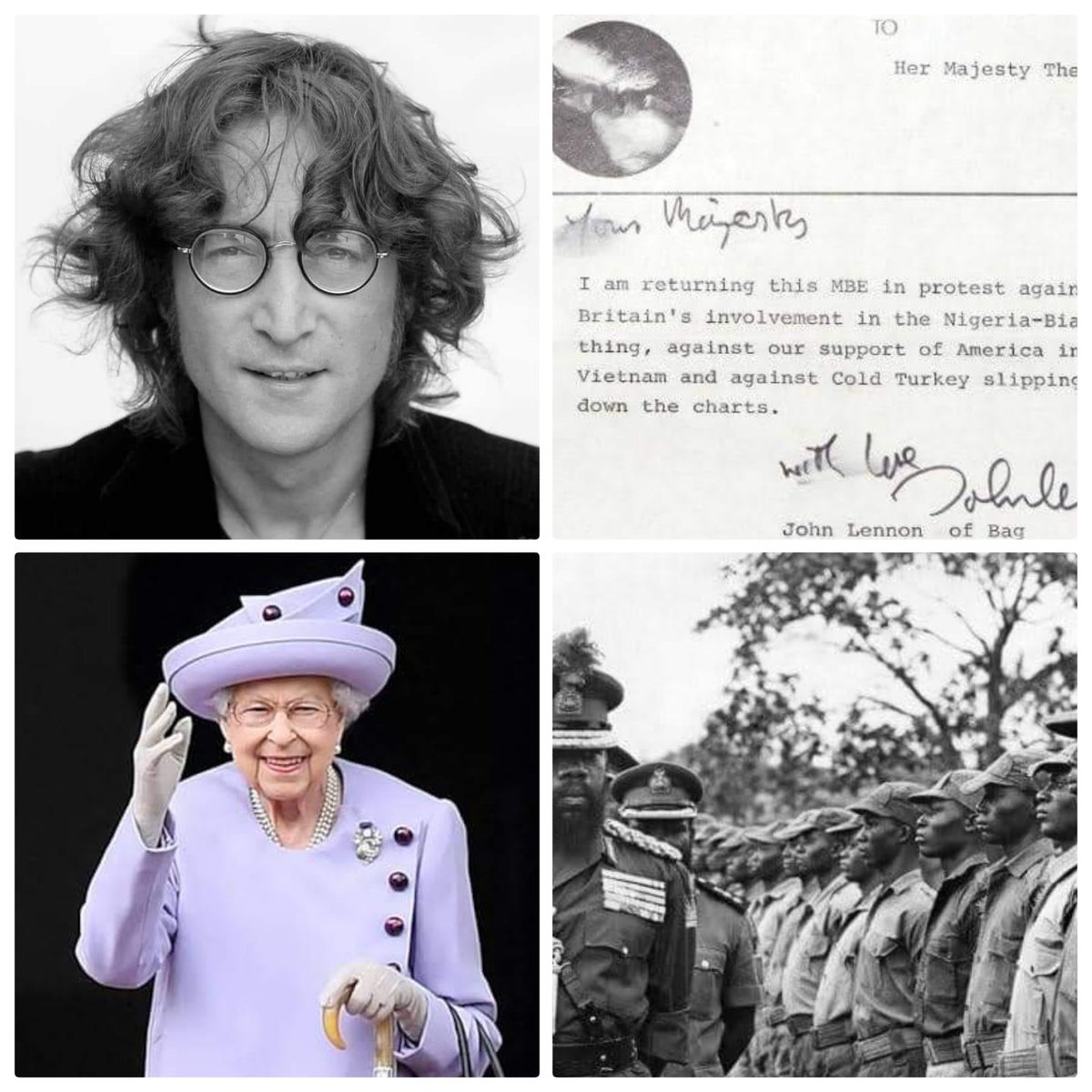 EzeobiZ's tweet photo. Did You Know That? On November 25,1969,John Winston Lennon of the Beatles Rock Band,Returned His (MBE)Medal To #QueenElizabethII, In Protest Against De Central Role Played By De #British🇬🇧by aiding #Nigerian🇳🇬govt to wage war on Biafra

@HananyaNaftali @Amaka_Ekwo @MCipriani_WTAE https://t.co/y6FU5ycX7x