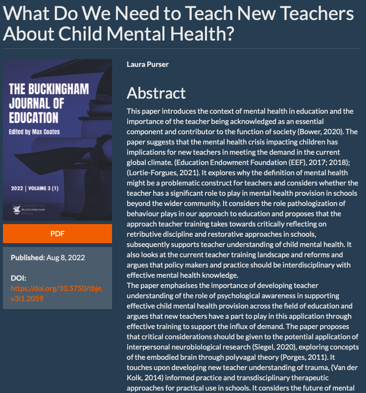 Very excited to share my first published journal article! Available to read online with The Buckingham Journal of Education ubplj.org/index.php/TBJE… Nothing to inspire you more than writing about the future of child mental health with a new baby by your side #mentalhealth #ITE