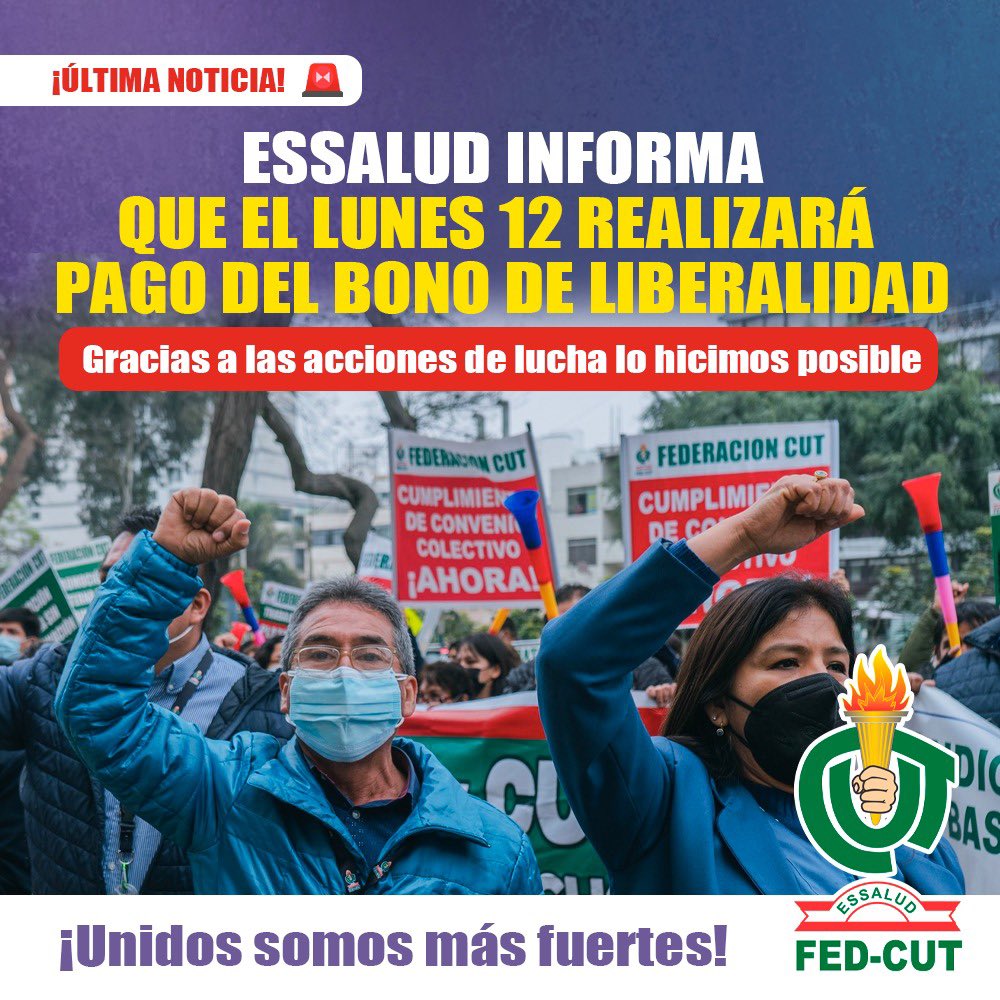 FedCut's tweet photo. Gracias a las acciones de lucha de la Fed Cut, EsSalud confirma el pago de la asignación por liberalidad este lunes 12 de septiembre.
Debemos reconocer a todos nuestros afiliados que estuvieron en las jornadas de lucha en las calles exigiendo el pago del Bono por Liberalidad. 💪 https://t.co/xz72VjHM4s