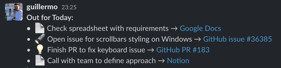 At work we post a summary of our day on Slack so that everyone gets some context on what we did. I wrote a small Deno script to automate generating one from a Notion board github.com/voluntadpear/o…