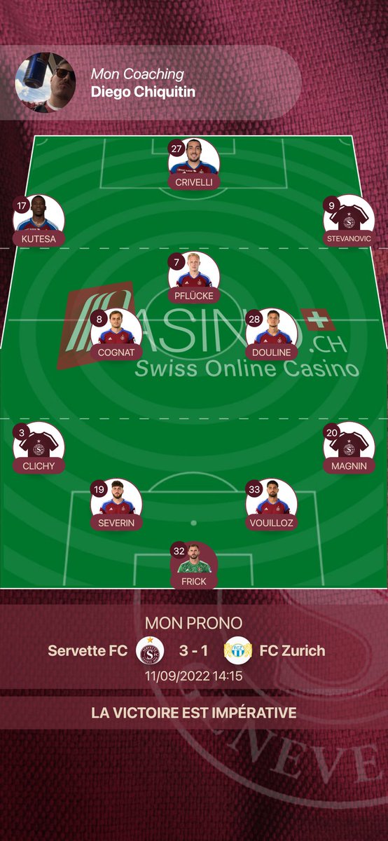 El_Chiquitin__'s tweet photo. Mon XI pour le match de ⁦@ServetteFC⁩ contre le FCZ.

On joue une équipe pas en confiance, qui marque peu et encaisse + 2 buts par match en moyenne.

Bon adversaire pour tester un nouveau dispositif avec les nouveaux arrivant ? https://t.co/xFv5keVaoX