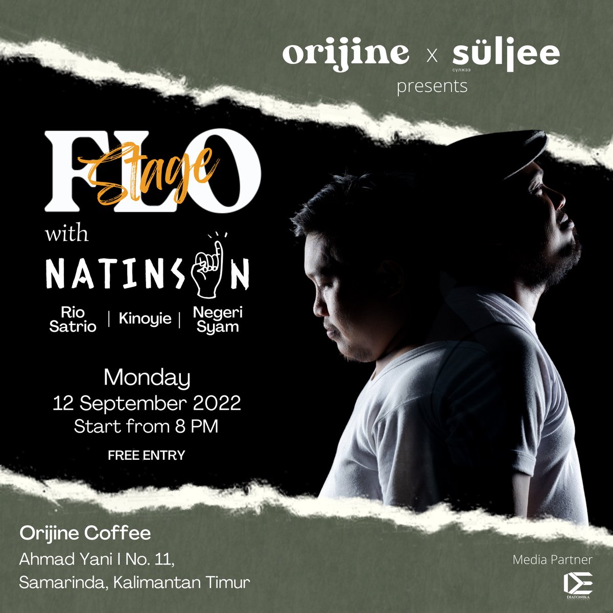 smrgigupdate's tweet photo. Flo Stage, menampilkan: Natinson, Rio Satrio, Kinoyie, Negeri Syam.

Senin, 12 September 2022. Mulai jam 8 malam di Orijine Coffee. https://t.co/MoJjFk4jAU
