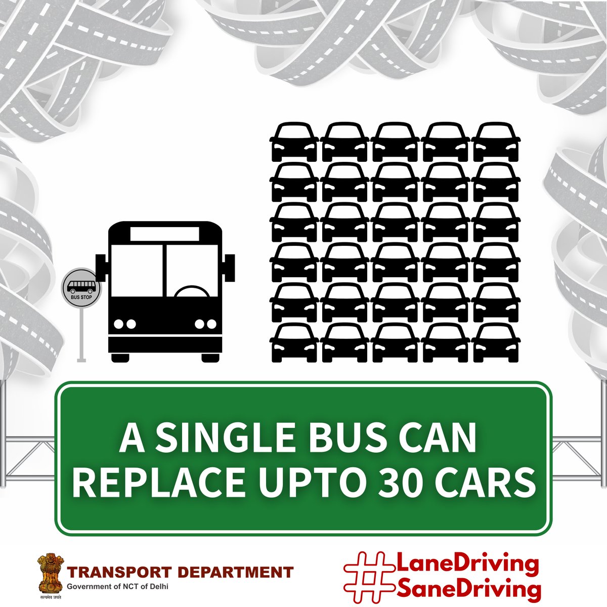 30 people in a bus occupy less road space than 30 persons in as many cars. Bus lanes can help you reach home faster. Take the bus ride home! Respect bus lanes. Help us keep Delhi streets safe. #LaneDrivingSaneDriving #SadakSurakshitDilliSurakshit @ashishkundra