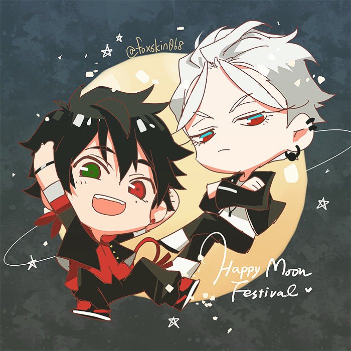 multiple boys 2boys red eyes male focus black hair chibi green eyes  illustration images