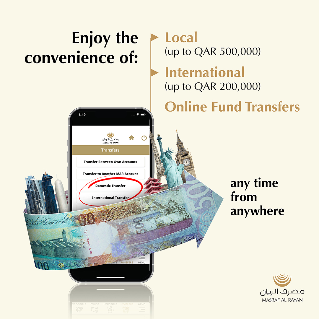 alrayanbankgrp's tweet photo. You can now enjoy the convenience of transferring up to QAR 500,000 to any local bank account and up to QAR 200,000 to any international bank account, through Al Rayan Mobile and Al Rayan Net, at a time of your choice, and from wherever you are

#MAR #OnlineTransfer #AlRayanNet https://t.co/rrhVr6mS2a