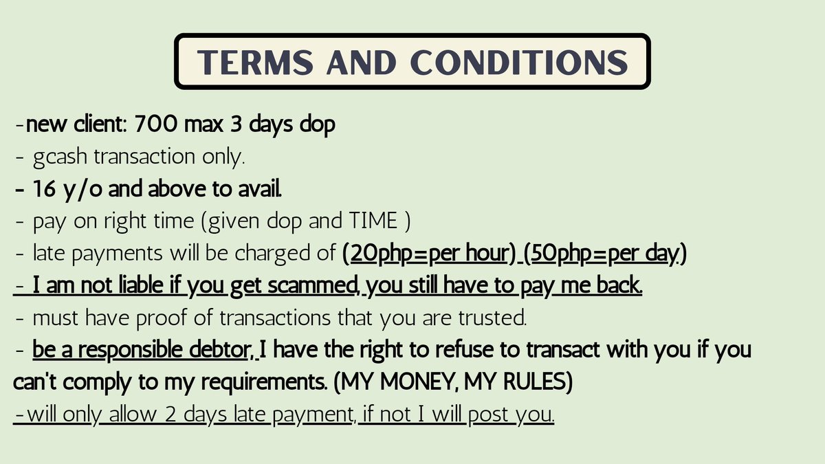 1104basket's tweet photo. [ pautang service ! ☺︎ ] open❕

#liah_lends

Batch 9
3 slots for old client
2 slots for new client

3 days dop max old &amp; new

✴︎ no reply = will not transact / slot 
     taken
✴︎ dm to avail
✴︎ selective

Read tcs before dming

🏷️ lf pahiram service pautang service https://t.co/9jtquynTiA