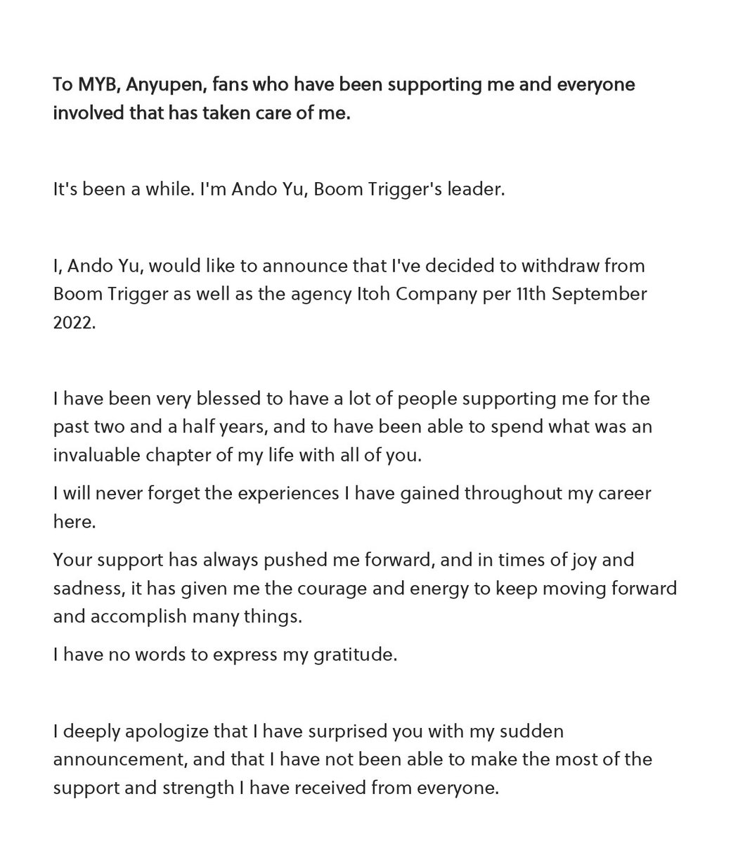 Mybloom05's tweet photo. 220911 Announcement from Ando Yu
#BoomTrigger #AndoYu #安藤優 https://t.co/ZBkqxdCrGX