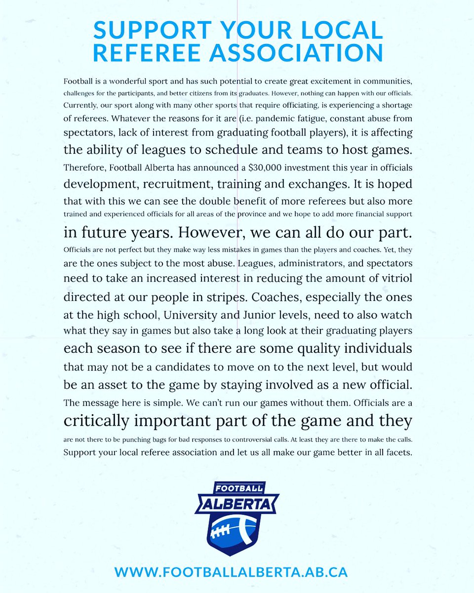 Football Alberta has announced a $30,000 investment in referee/official funding!
🏈🏈
Go to our IG and FB platforms for more details.
🏈🏈
#football #footballalberta #efoa #referee #officials #supportyourlocalreferee