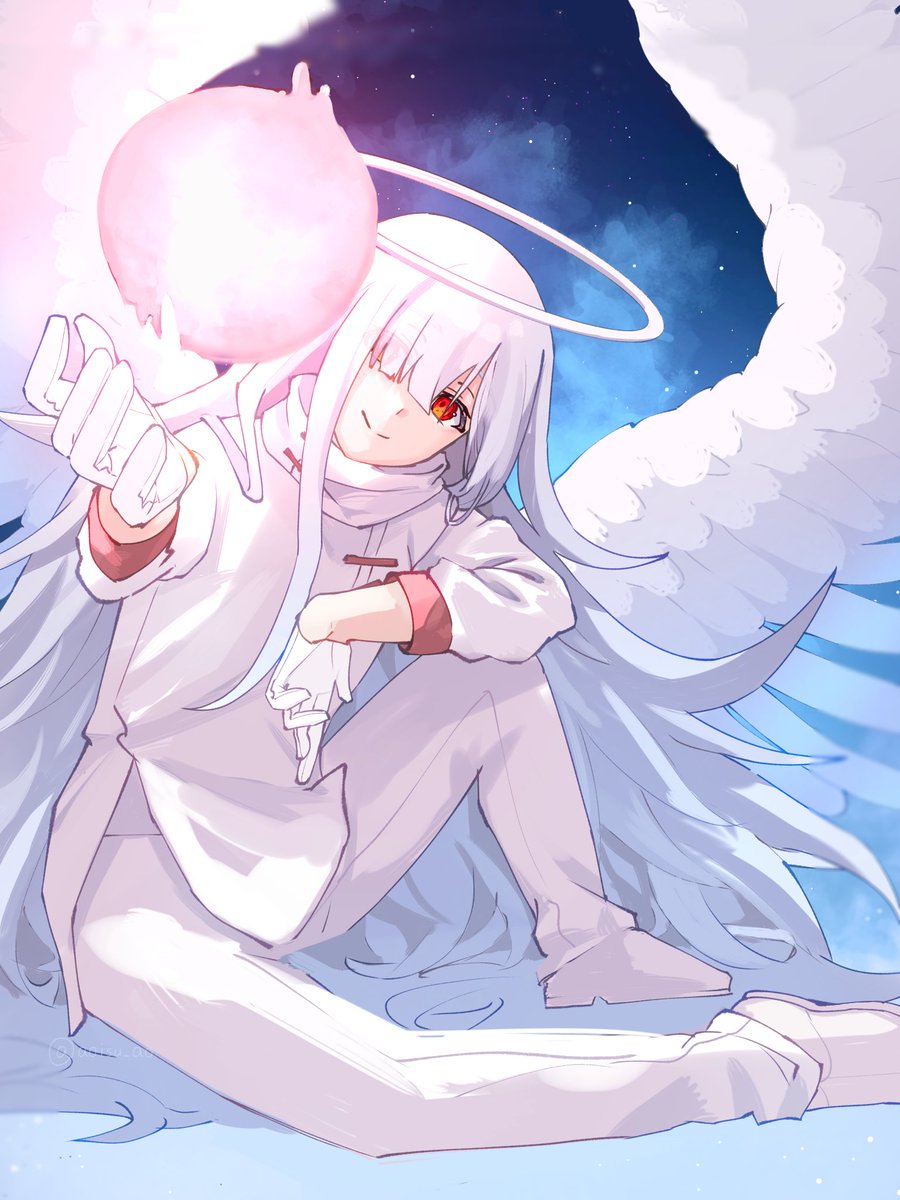 halo long hair white hair gloves solo red eyes smile  illustration images