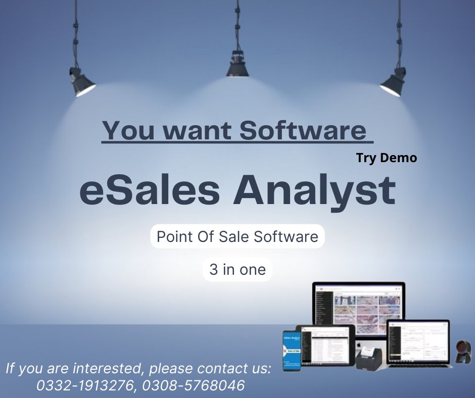 MaqboolSolution's tweet image. eSales Analyst Point Of Sales Software
give complete trial for 15 days with installation guide.
visit our site: bit.ly/2MnLt3A
or contact us: 0543-286738, 0308-5768046, 0332-1913276
#possoftwaretrial #softwaretrial  #Talagang #esalesanalystpossoftware