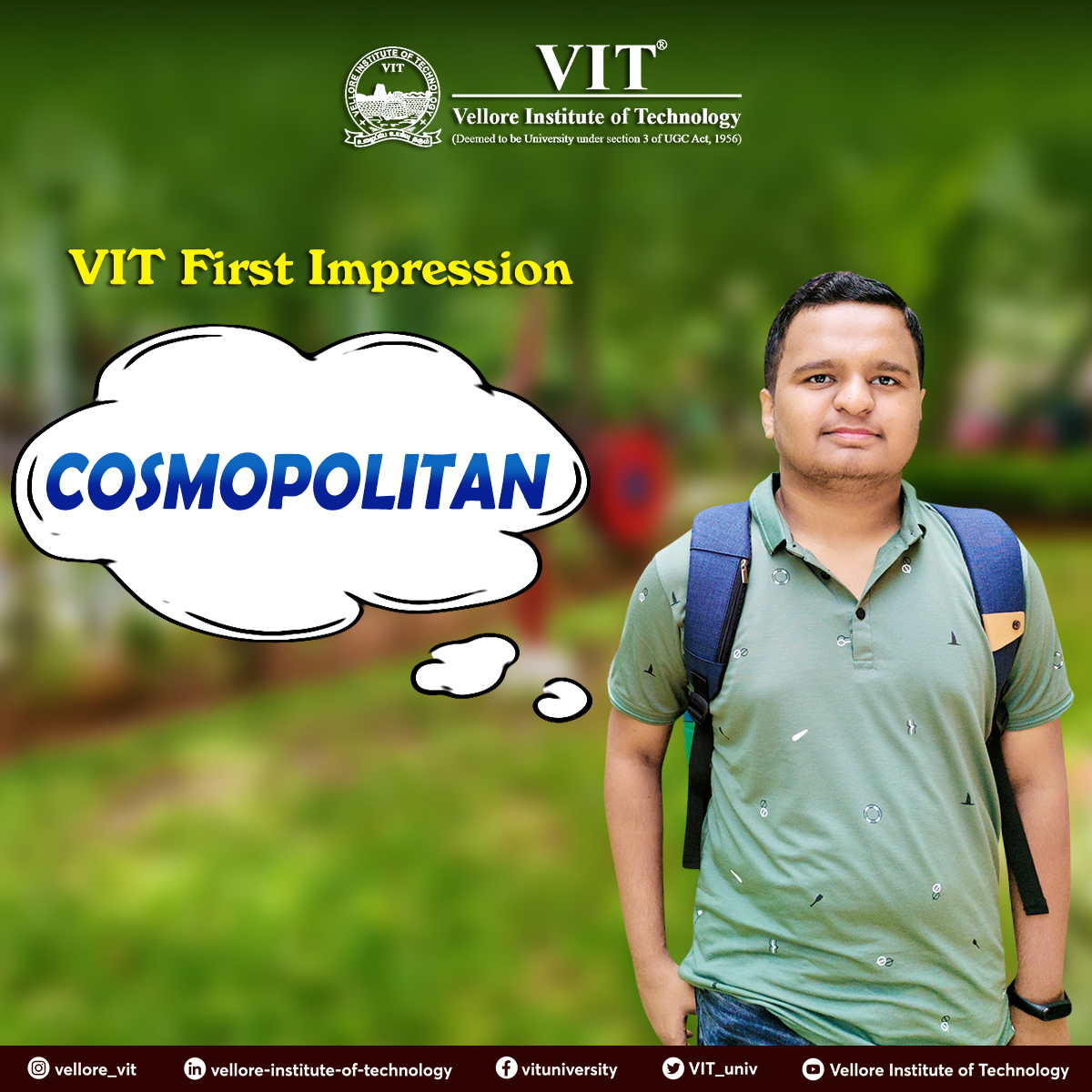 VIT_univ's tweet photo. #Freshman Parth Sunil Kothawade from Jalgaon, Maharashtra who has joined https://t.co/vPP0VU3J3X Electronics &amp; Communication Engineering from the #classof2026 says that his first impression about VIT is "Cosmopolitan"!

#HelloVIT #WelcomeToVIT #Freshers https://t.co/CraJ6dOnrw