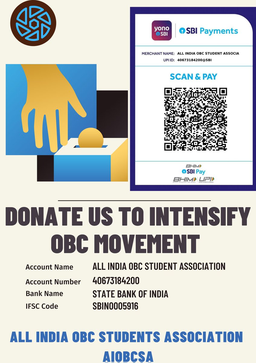 aiobcsa's tweet photo. ओबीसी छात्रों के कल्याण के लिए काम कर रहे एक स्वतंत्र संगठन के रूप में, हम सभी से संगठन के लिए उदारतापूर्वक योगदान देने का अनुरोध करते हैं। आप हमें सहयोग भेजने के लिए किसी भी UPI का उपयोग कर सकते हैं। 
आपकी छोटी सी भागीदारी भी हमारे कदम बढ़ाने में मदद करेंगी। https://t.co/DKoB9TalnZ