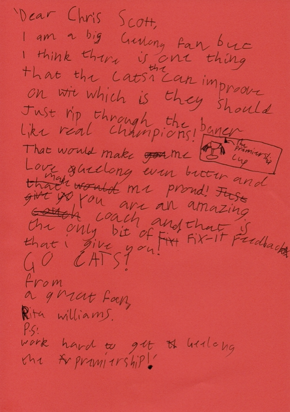 Tim (@timstyles) on Twitter photo Trying to get a very important letter (request? demand?) from an eight year old <a href="/GeelongCats/">Geelong Cats</a> & <a href="/CatsWomens/">Geelong Cats Womens</a> fan to Chris Scott ahead of Friday. Can you help, <a href="/byTonyWilson/">Tony Wilson</a>? #ripthebannerlikerealchampions Trying to get a very important letter (request? demand?) from an eight year old <a href="/GeelongCats/">Geelong Cats</a> & <a href="/CatsWomens/">Geelong Cats Womens</a> fan to Chris Scott ahead of Friday. Can you help, <a href="/byTonyWilson/">Tony Wilson</a>? #ripthebannerlikerealchampions