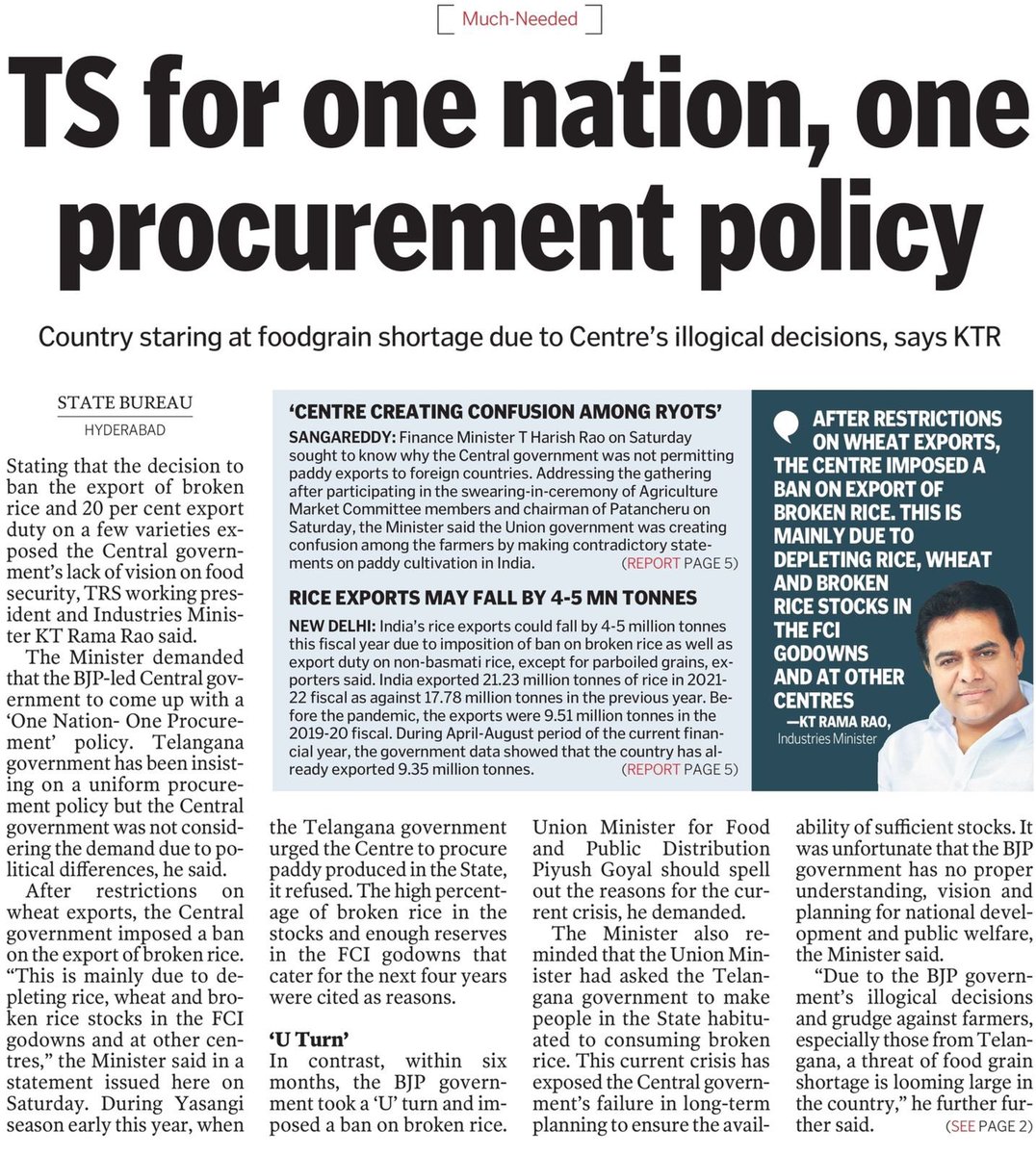 BRSparty's tweet photo. Stating that the decision to ban export of broken rice &amp; 20 percent export duty on a few varieties exposed Central Government’s lack of vision on food security, TRS Working President @KTRTRS demanded that the BJP Government to come up with a ‘One Nation- One Procurement’ policy. https://t.co/rTKbpE0x78