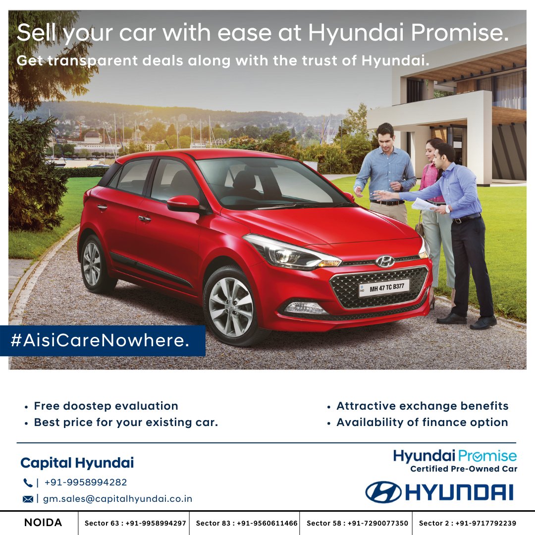 capital_hyundai's tweet photo. Sell your car with ease!

Enjoy H-promise benefits along with the trust of Hyundai.
.
.
.
#CapitalHyundai #HPromise #HyundaiNoida #HyundaiIndia #ExchangeOldCar #BuyHyundai #TestDriveHyundai #BookHyundai https://t.co/UPMzepcUrW