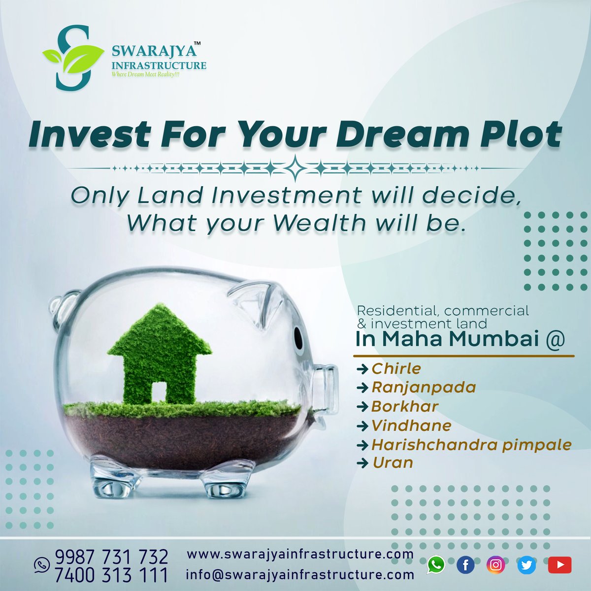 SWARAJYAINFRAS2's tweet photo. "Let's plan for a free Site Visit to your Dream Investment"
-Which can change your life.
Visit our office for your Dream Plot
Contact:9987731732/7400313111
https://t.co/pMfCcAl8Au
#chirle #vindhane #borkhar #investmentproperty #Ranjanpada #naplots #commercialplots #NaviMumbai https://t.co/peUQqzGw2f