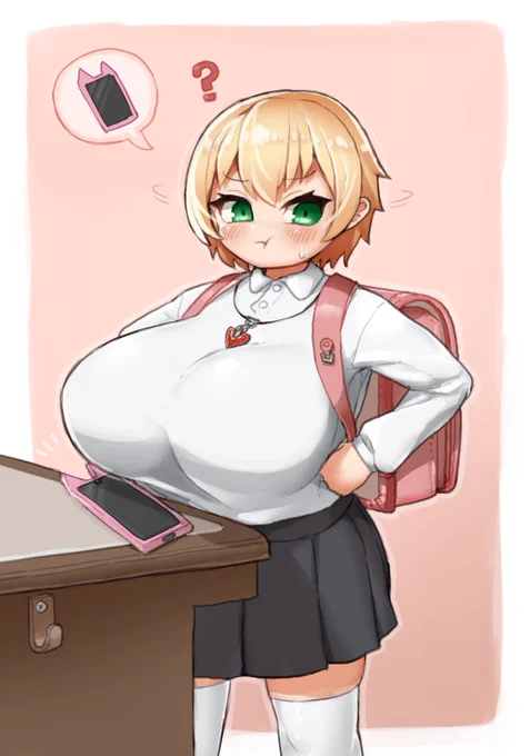 Pixivリクエスト絵納品しました!「学校の準備時に、机に置いたスマホがおっぱいがでかすぎて見えないオリキャラを描いてください!」とのことでしたので描きました!ポーズ指定など細かく、とても作業しやすかったです! 