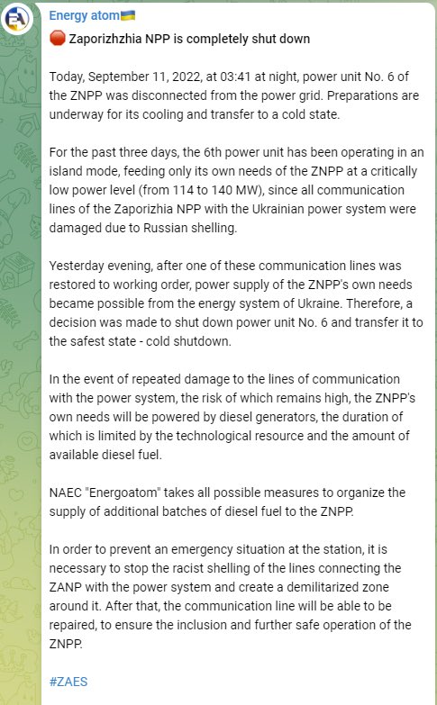 BREAKING - #Zaporizhzhia Power Plant Completely Shut Down 

Preparations are underway at reactor #6 for cooling and transferring to a cold state. 

#Ukraine