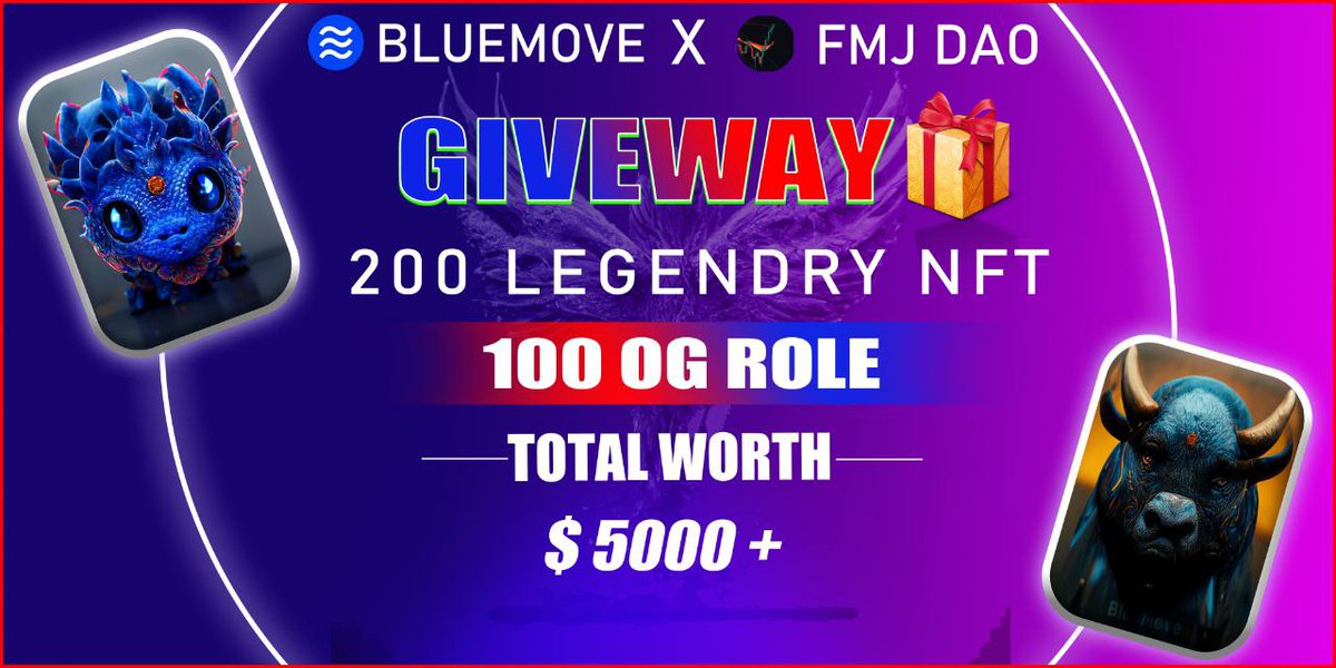 📣 Massive Giveaway 🔥

 💎 5000$ WORTH 

🏆BiG Prize Pool FREE 200 Legendary NFTs + 100 OG 

To Enter:
1️⃣Follow <a href="/FMJ_DAO/">FMJ_DAO π²</a> and <a href="/BlueMoveNFT/">BlueMove</a>

✅ RT &amp; Tag 3 Friends

2️⃣ #Gleam Tasks : giv.gg/fmjdaobluemove

⏰End 27 September 

 #Airdrops #NFTs #Giveaways #letest #Airdrop