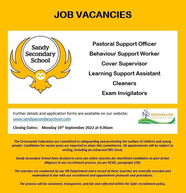 Job opportunities at Sandy Secondary School. Please see website for more details.