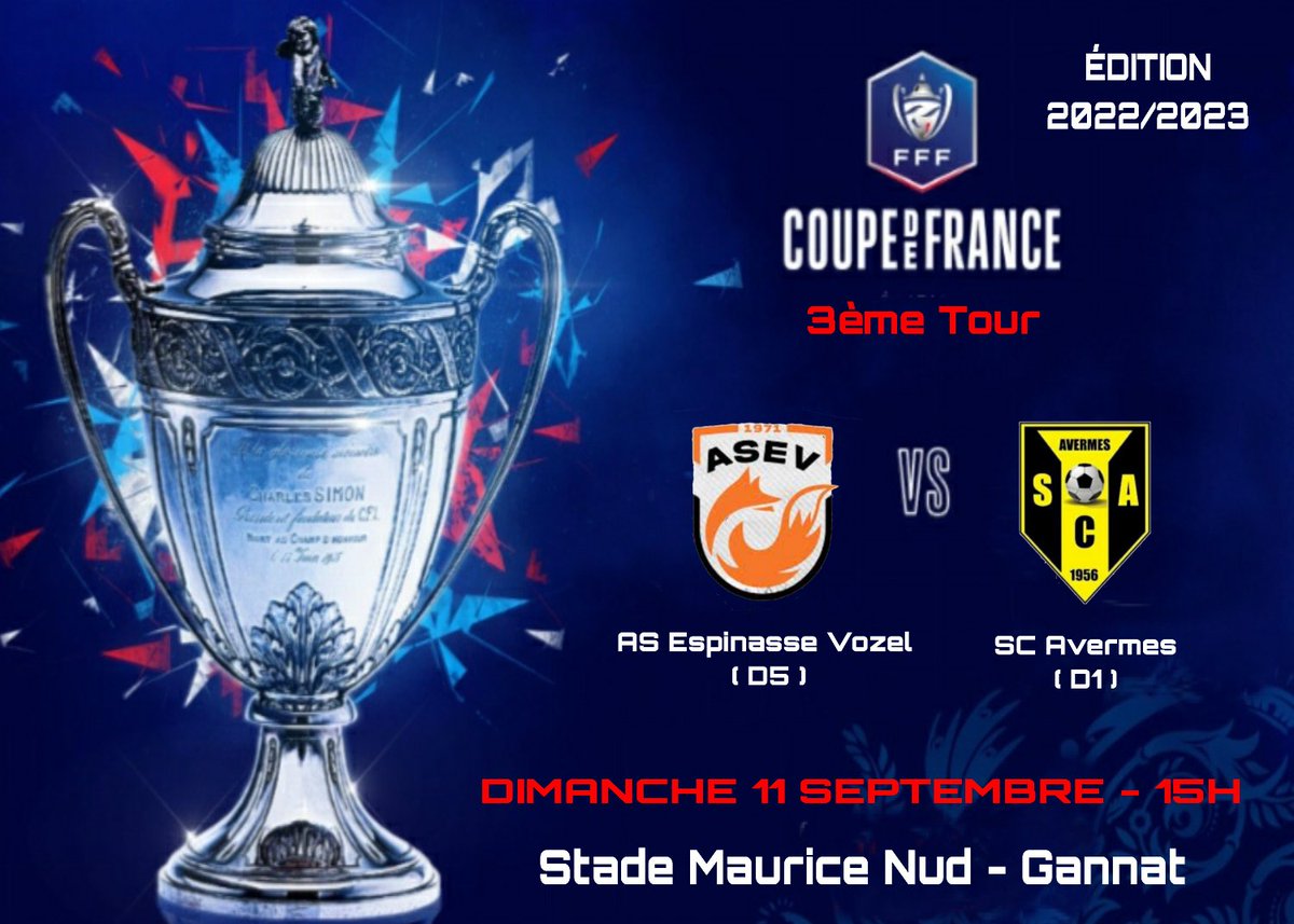 SCAvermes's tweet photo. 🟡[JOUR DE MATCH]⚫

🏆 #CoupeDeFrance #3emetour
📆 Dimanche 11 Septembre
🕢 15h
🆚️ AS Espinasse Vozel
🏟 Stade Maurice Nud - Gannat

#matchday #football #SCAfoot03 #SCAvermes #tousenjauneetnoir💛🖤 #AllezleSCA💛🖤 #LigueRhôneAlpesAuvergne #DistrictAllier #ASEVSCA #cdf #france https://t.co/AMa3AViLnC