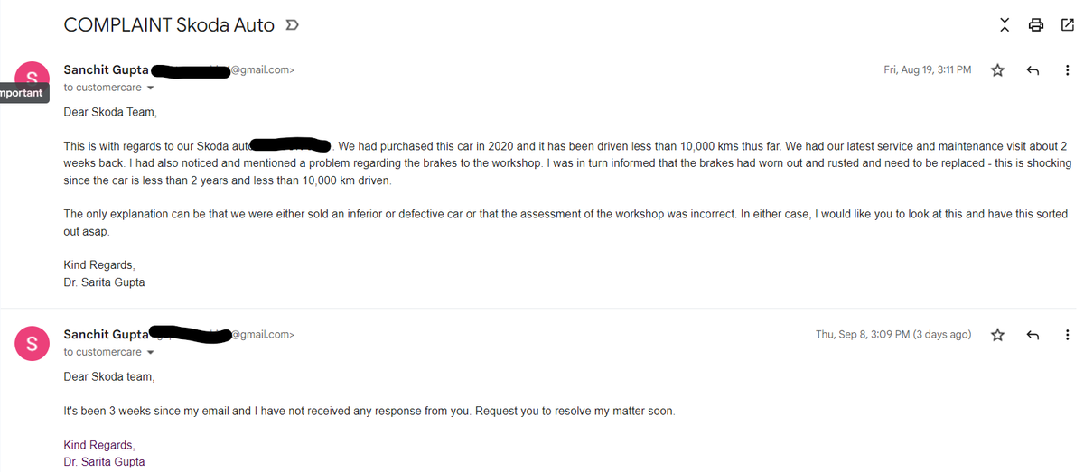 Indian25632610's tweet photo. @SkodaIndia
 No response from your customer service team since 3+ weeks for an urgent problem. Email is attached. Why such lackadaisical attitude? https://t.co/jowME7k4tu