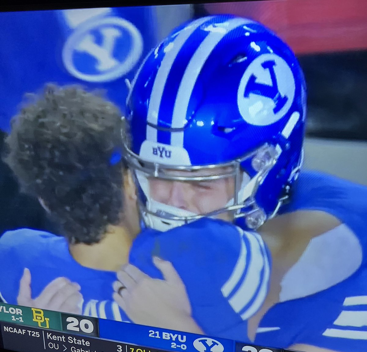 BlueBrethren's tweet photo. That’s a leader right there. Jaren giving a big hug to Oldroyd. https://t.co/MV4JixRQos