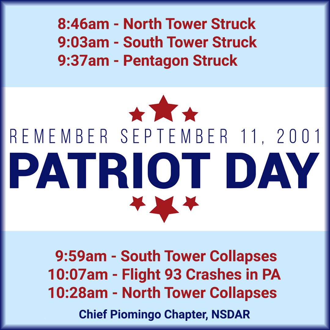 ChfPiomingoDAR's tweet photo. Never Forget - #PatriotDay - 9/11/2001
08:46 am – North Tower Struck
09:03 am – South Tower Struck
09:37 am – Pentagon Struck
09:59 am – South Tower Collapses
10:07 am – Flight 93 Crashes in PA
10:28 am – North Tower Collapses
#NeverForget911 https://t.co/KOvWHQI0RE