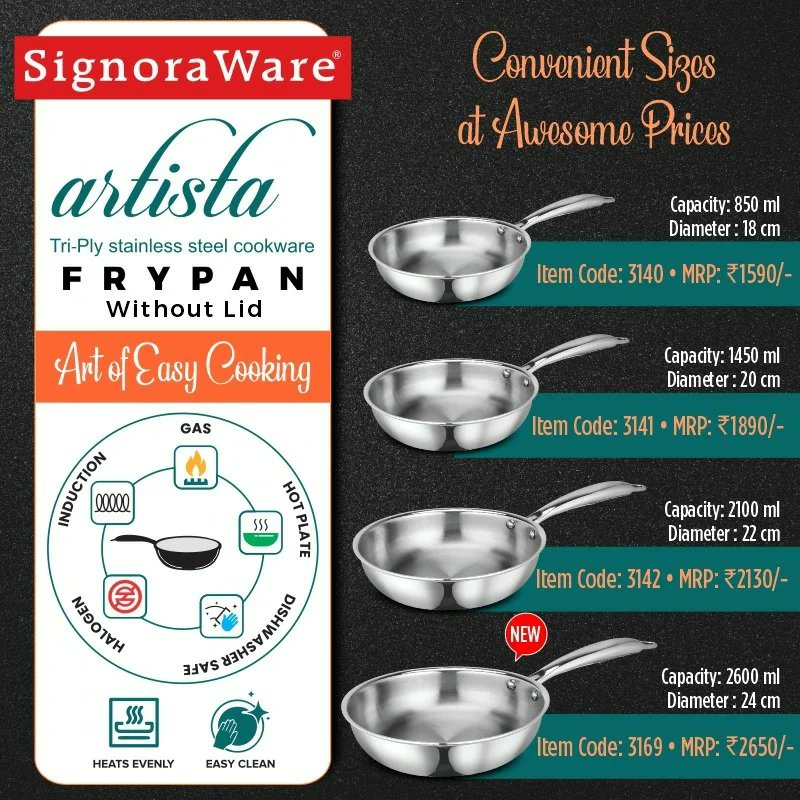 SignoraWare's tweet photo. The most premium cooking experience with Signoraware Triply Cookware Range
Artista Frypan available in convenient sizes
#signoraware #triplycookware #frypan #triplyfrypan #signorawarefrypan #cookware #signorawarecookware #kitchen #3layercookware #stainlesssteel https://t.co/gyII0qaIWf