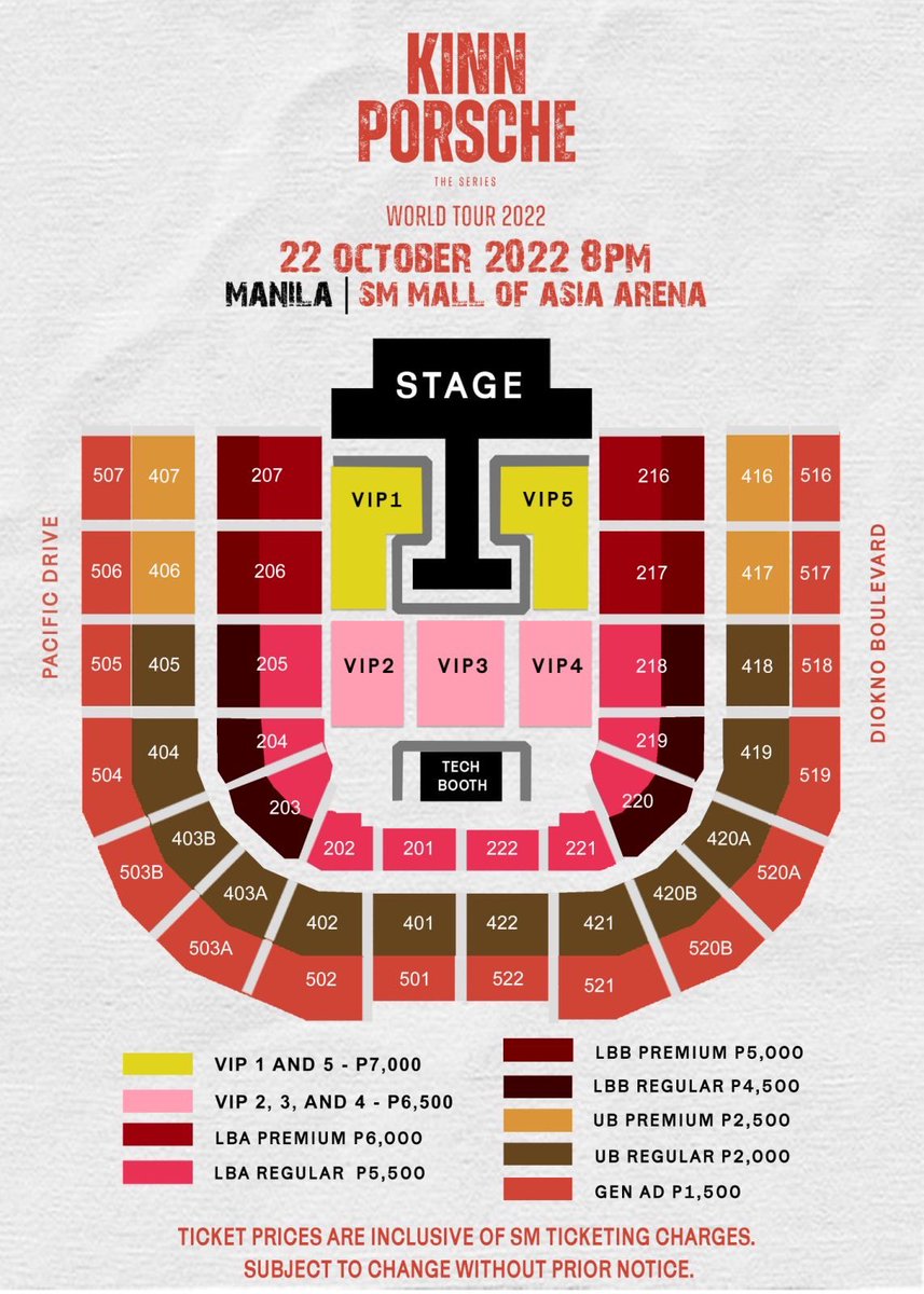 KinnPorsche The Series World Tour 2022 Manila live at the SM Mall of Asia Arena on October 22, 2022! ❤️‍🔥

Here’s the seat map 🤗

LNPH Presale - September 12 at 10 am
General Onsale - September 13 at 10am via smtickets.com and its outlets.